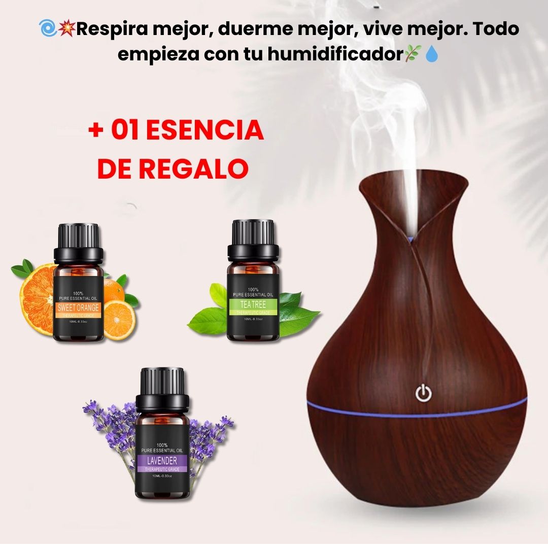 HUMIDIFICADOR MADERA TACTIL PREMIUM + ESENCIAS DE REGALO