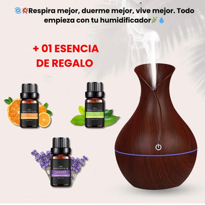 HUMIDIFICADOR MADERA TACTIL PREMIUM + ESENCIAS DE REGALO