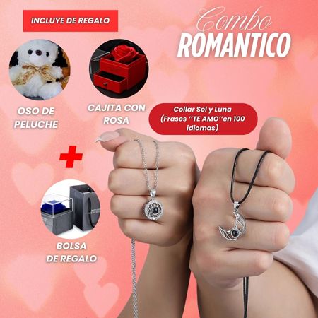 NUEVO COMBO ROMANTICO ( OSO DE PELUCHE +  CAJITA DE  JOYAS ETERNA + COLLAR SOL Y LUNA  FRASES TE AMO EN 100 IDIOMAS)